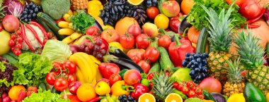 Assorted fresh ripe fruits and vegetables. Food concept background. Top view. Copy space. clipart
