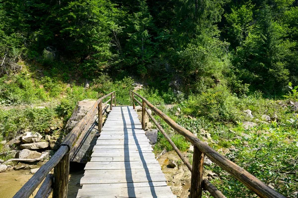 Drewniany Most Nad Górską Rzeką — Zdjęcie stockowe