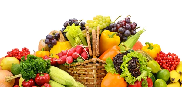 Verduras Frescas Saludables Frutas Canasta Sauce Aisladas Blanco Copiar Espacio —  Fotos de Stock