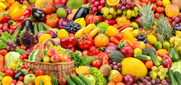 Válogatott Friss Érett Gyümölcsök Zöldségek Élelmiszer Koncepció Háttér Felülnézet — Stock Fotó