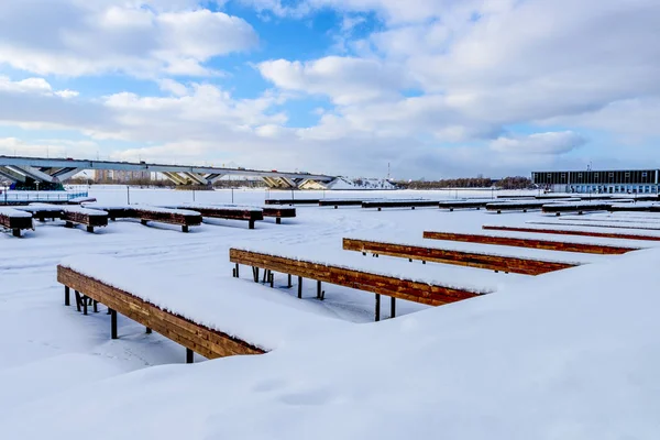 Frozen Pond Moscow Wooden Berths Yachts Winter Covered Snow — Stock Photo, Image