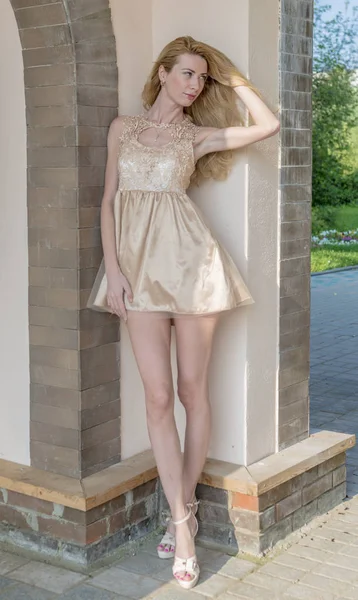 Junge Schöne Blonde Frau Einem Schönen Kleid Einem Sommerpark — Stockfoto