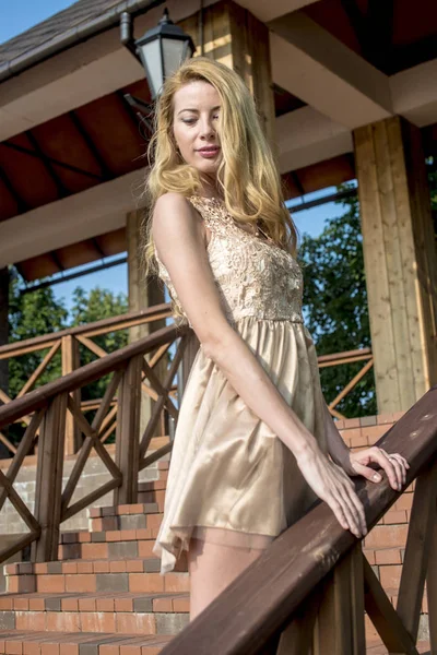 Jonge Mooie Blonde Vrouw Een Mooie Jurk Een Zomer Park — Stockfoto