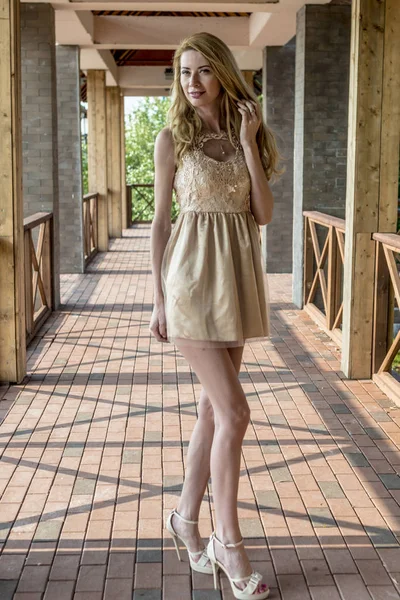 夏の公園の美しいドレスで若い美しいブロンドの女性 — ストック写真