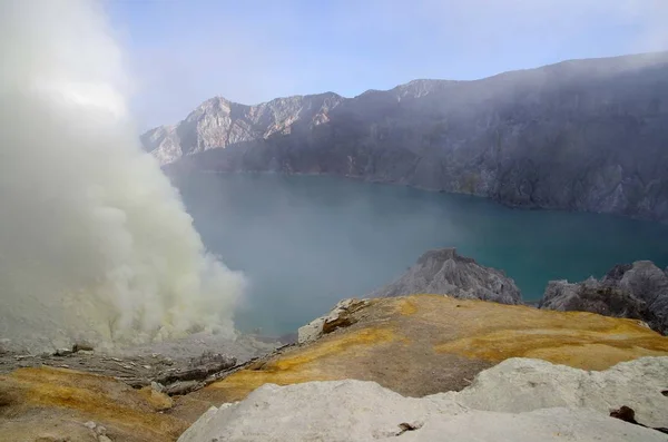 Lac Cratère Volcan Kawah Ijen Sur Île Java Indonésie — Photo