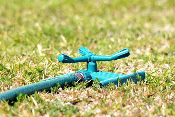 Close-up shot van een water sprinkler verbonden met een tuinslang — Stockfoto