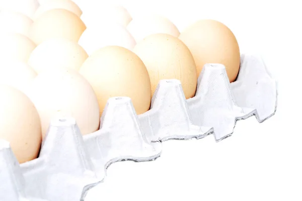 Primer plano de un cartón de huevo con huevos marrones sobre un fondo blanco — Foto de Stock