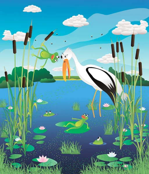 Frog and heron in a swamp — Stock Vector