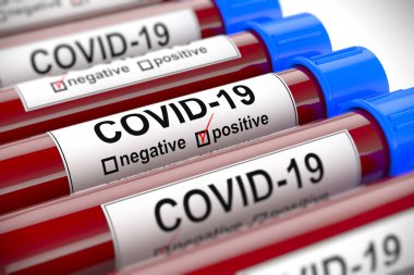 Merkezinde pozitif COVID-19 testi bulunan kan test tüplerinin 3 boyutlu çizimi. Yeni Corona virüsü enfeksiyonunun teşhisi için seçici odaklı kan testleri için laboratuvar örneği kavramı.