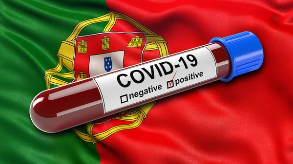 Bandera Portugal Ondeando Viento Con Tubo Análisis Sangre Covid Positivo —  Fotos de Stock