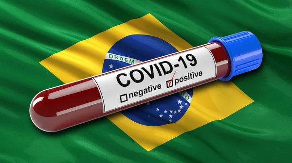 ブラジルの旗は 正のCovid 19血液検査管で風に振っています 新しいコロナウイルスの診断のための血液検査のための3Dイラストコンセプト — ストック写真