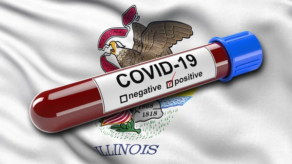 US state flag of Illinois waving in the wind with a positive Covid-19 blood test tube. 3D illustration concept for blood testing for diagnosis of the new Corona virus.
