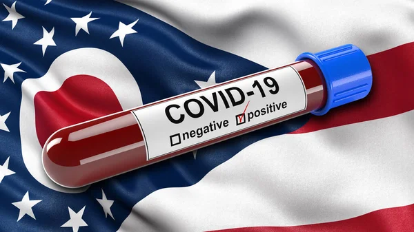US state flag of Ohio waving in the wind with a positive Covid-19 blood test tube. 3D illustration concept for blood testing for diagnosis of the new Corona virus.