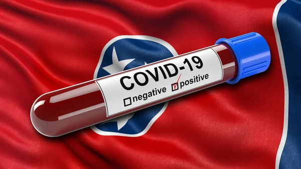 Usa Flagga Tennessee Viftar Vinden Med Positiv Covid Blodprovsrör Illustrationskoncept — Stockfoto