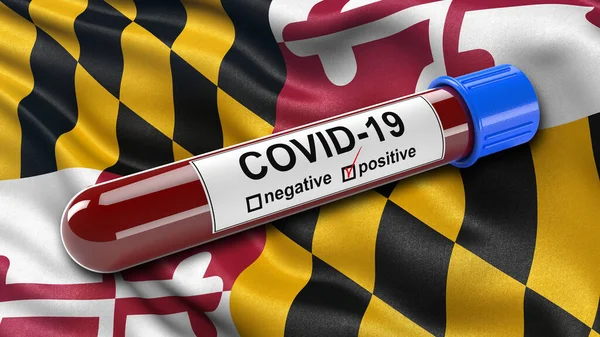 US state flag of Maryland waving in the wind with a positive Covid-19 blood test tube. 3D illustration concept for blood testing for diagnosis of the new Corona virus.