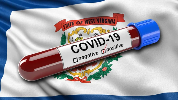 US state flag of West Virginia waving in the wind with a positive Covid-19 blood test tube. 3D illustration concept for blood testing for diagnosis of the new Corona virus.