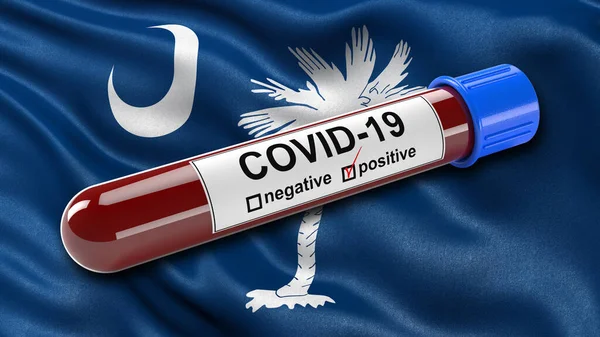 サウスカロライナ州の旗は 肯定的なCovid 19血液検査管で風に振っています 新しいコロナウイルスの診断のための血液検査のための3Dイラストコンセプト — ストック写真