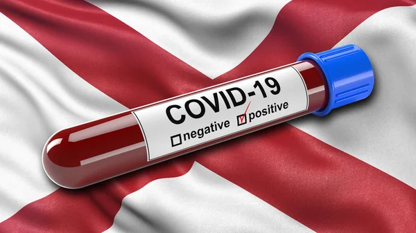 US state flag of Alabama waving in the wind with a positive Covid-19 blood test tube. 3D illustration concept for blood testing for diagnosis of the new Corona virus.