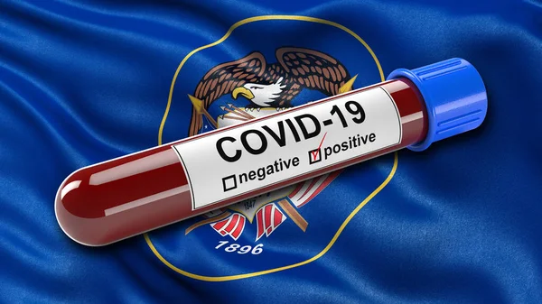 US state flag of Utah waving in the wind with a positive Covid-19 blood test tube. 3D illustration concept for blood testing for diagnosis of the new Corona virus.