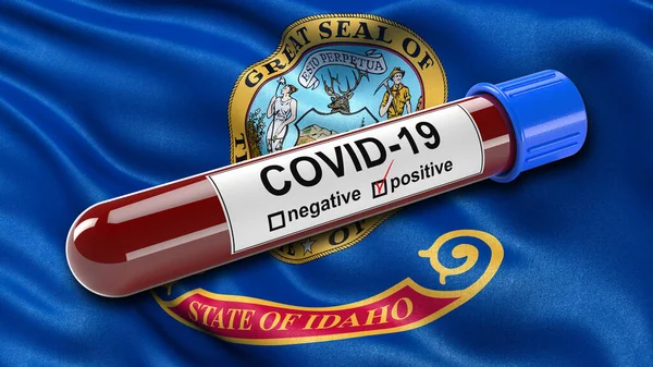 US state flag of Idaho waving in the wind with a positive Covid-19 blood test tube. 3D illustration concept for blood testing for diagnosis of the new Corona virus.