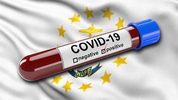 US state flag of Rhode Island waving in the wind with a positive Covid-19 blood test tube. 3D illustration concept for blood testing for diagnosis of the new Corona virus.