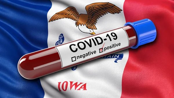 US state flag of Iowa waving in the wind with a positive Covid-19 blood test tube. 3D illustration concept for blood testing for diagnosis of the new Corona virus.