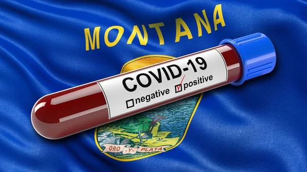US state flag of Montana waving in the wind with a positive Covid-19 blood test tube. 3D illustration concept for blood testing for diagnosis of the new Corona virus.