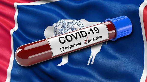 US state flag of Wyoming waving in the wind with a positive Covid-19 blood test tube. 3D illustration concept for blood testing for diagnosis of the new Corona virus.