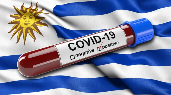 ウルグアイの旗は 肯定的なCovid 19血液検査管で風に振っています 新しいコロナウイルスの診断のための血液検査のための3Dイラストコンセプト — ストック写真