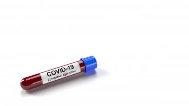 Covid-19 kan test tüpünün 3 boyutlu animasyonu. Kopyalama alanı olarak beyaz arkaplan ile sağdan sola dönen kamera.