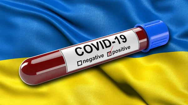 Flagga Ukraina Viftar Vinden Med Positiv Covid Blodprovsrör Illustrationskoncept För — Stockfoto