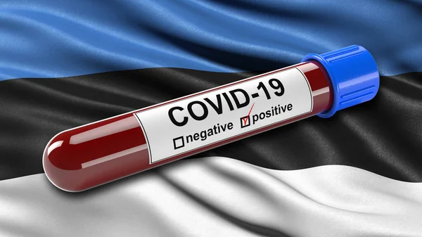 Vlag Van Estland Zwaaiend Wind Met Een Positieve Covid Bloedtest — Stockfoto