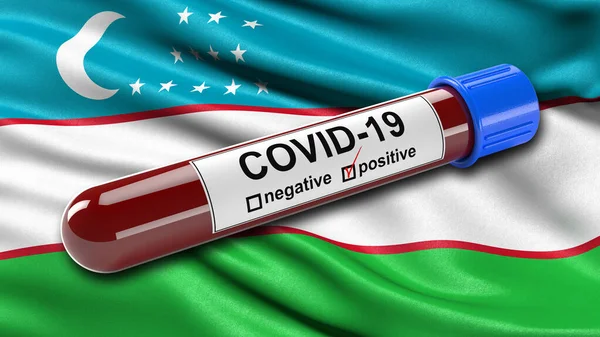 Flagga Uzbekistan Viftar Vinden Med Positiv Covid Blodprovsrör Illustrationskoncept För — Stockfoto