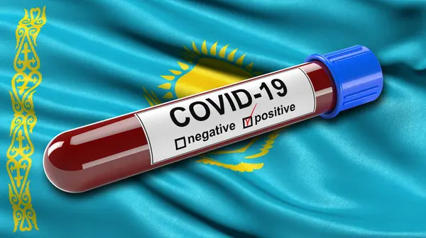Flagga Kazakstan Viftar Vinden Med Ett Positivt Covid Blodprovsrör Illustrationskoncept — Stockfoto