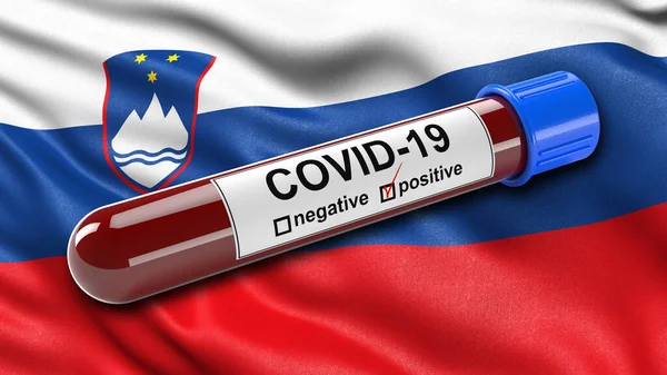 Flagga Slovenien Viftar Vinden Med Positiv Covid Blodprovsrör Illustrationskoncept För — Stockfoto