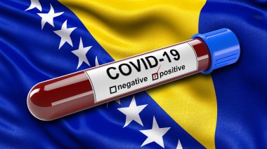 Bosna-Hersek bayrağı olumlu bir Covid-19 kan testi tüpüyle rüzgarda dalgalanıyor. Yeni Corona virüsünün teşhisi için üç boyutlu illüstrasyon konsepti.