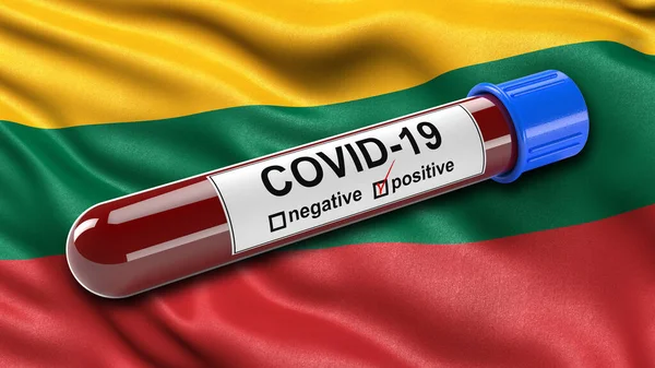 Litvánia Zászlója Szélben Egy Pozitív Covid Vérvizsgálóval Illusztráció Koncepció Corona — Stock Fotó