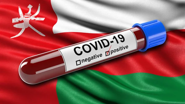 Omán Zászlója Lengett Szélben Egy Pozitív Covid Vérvizsgálóval Illusztráció Koncepció — Stock Fotó