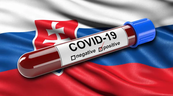 Flagga Slovakien Vinka Vinden Med Positiv Covid Blodprov Röret Illustrationskoncept — Stockfoto