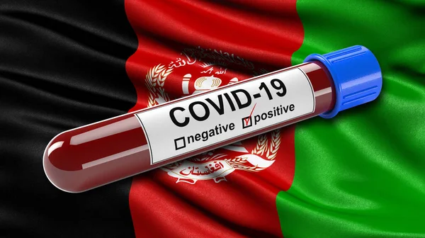 アフガニスタンの旗は 肯定的なCovid 19血液検査管で風に振っています 新しいコロナウイルスの診断のための血液検査のための3Dイラストコンセプト — ストック写真