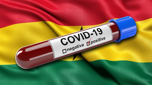 Bandera Ghana Ondeando Viento Con Tubo Análisis Sangre Covid Positivo —  Fotos de Stock