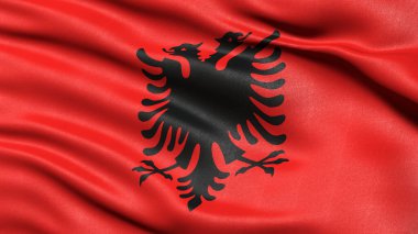 Rüzgarda dalgalanan Arnavutluk bayrağının 3D çizimi.