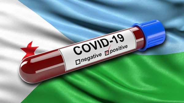 Vlag Van Djibouti Zwaaiend Wind Met Een Positieve Covid Bloedtest — Stockfoto