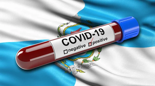 ジャネイロの旗は 肯定的なCovid 19血液検査管で風に振っています 新しいコロナウイルスの診断のための血液検査のための3Dイラストコンセプト — ストック写真