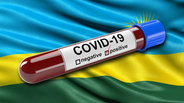 Ruanda Zászlaja Lengett Szélben Egy Pozitív Covid Vérkémcsővel Illusztráció Koncepció — Stock Fotó