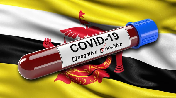 Vlag Van Brunei Zwaaiend Wind Met Een Positieve Covid Bloedtest — Stockfoto