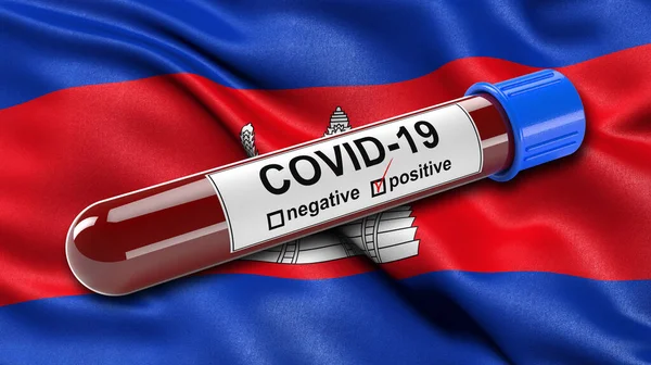 Flagga Kambodja Viftar Vinden Med Ett Positivt Covid Blodprovsrör Illustrationskoncept — Stockfoto