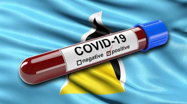 Vlag Van Saint Lucia Wapperend Wind Met Een Positieve Covid — Stockfoto