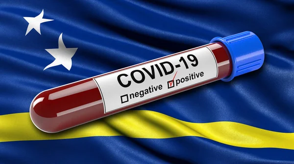 Vlag Van Curacao Wapperend Wind Met Een Positieve Covid Bloedtest — Stockfoto