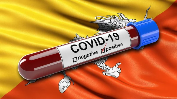 Bhután Zászló Lengett Szélben Egy Pozitív Covid Vérkémcsővel Illusztráció Koncepció — Stock Fotó